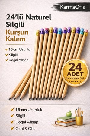 24’lü Naturel Silgili Kurşun Kalem HB – 18 cm Doğal Ahşap Okul Ofis Yazı Kalemi
