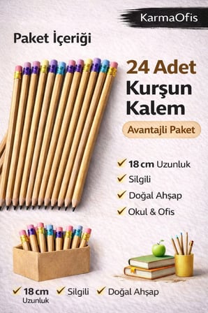 24’lü Naturel Silgili Kurşun Kalem HB – 18 cm Doğal Ahşap Okul Ofis Yazı Kalemi