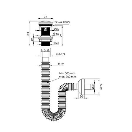 Yapıtaşı Yt651 Seramik Başlıklı Taşmalı Bas aç Lavabo Gider sifonu Beyaz