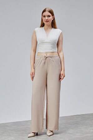 Kadın Pantolon Geniş Paça Yüksel Bel Cepli Çizgili Pantolon ÇİZGİLİ-PANTOLON