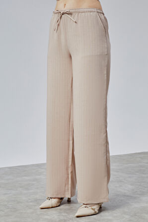 Kadın Pantolon Geniş Paça Yüksel Bel Cepli Çizgili Pantolon ÇİZGİLİ-PANTOLON