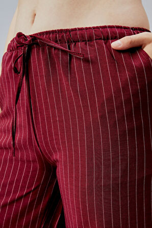 Kadın Pantolon Geniş Paça Yüksel Bel Cepli Çizgili Pantolon ÇİZGİLİ-PANTOLON