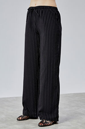 Kadın Pantolon Geniş Paça Yüksel Bel Cepli Çizgili Pantolon ÇİZGİLİ-PANTOLON