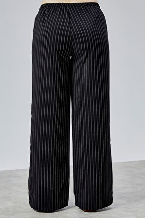 Kadın Pantolon Geniş Paça Yüksel Bel Cepli Çizgili Pantolon ÇİZGİLİ-PANTOLON