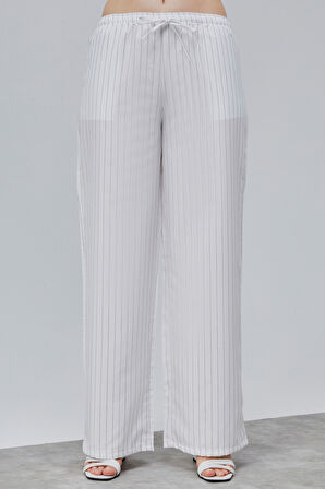 Kadın Pantolon Geniş Paça Yüksel Bel Cepli Çizgili Pantolon ÇİZGİLİ-PANTOLON