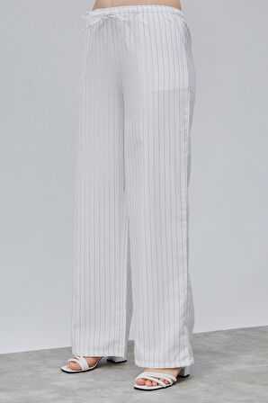 Kadın Pantolon Geniş Paça Yüksel Bel Cepli Çizgili Pantolon ÇİZGİLİ-PANTOLON