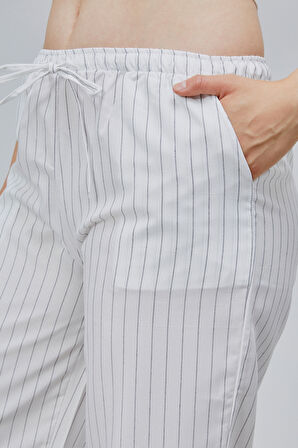Kadın Pantolon Geniş Paça Yüksel Bel Cepli Çizgili Pantolon ÇİZGİLİ-PANTOLON