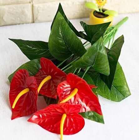 Islak Antoryum Kırmızı Yapay Çiçek Etli 1.Kalite 3 Kafalı Anthurium