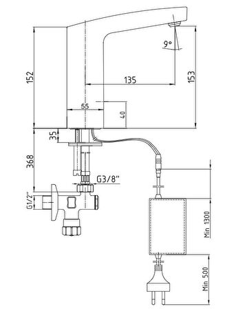 ECA Fotoselli Lavabo Bataryası Elektrikli 108108041 Çift Su Girişli 