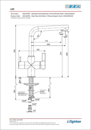 Eca Life Dual Flow (Çift Akışlı) Arıtmalı Mutfak Bataryası Mat Siyah 102118781C1