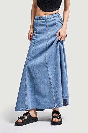 Kadın Mavi Renk A Form Maxi Boy 102 cm Denim Etek