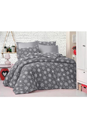 Çift Kişilik Ranforce (kumaş) Nevresim Çarşaf Takımı Gri Kar Desen