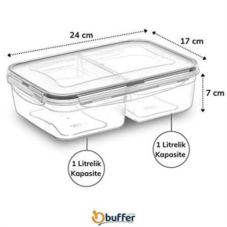 Saklama Kabı 2 Bölmeli Kilitli Kapaklı Taşınabilir 1+1 Litre Erzak Kabı Diyet Saklama Beslenme Kabı