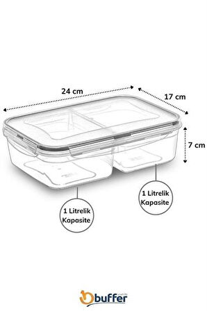 Saklama Kabı 2 Bölmeli Kilitli Kapaklı Taşınabilir 1+1 Litre Erzak Kabı Diyet Saklama Beslenme Kabı