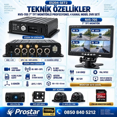 7 inç Monitörlü Profesyonel 4 Kameralı 1080P 4G GPS WIFI Mobil DVR Kamera Seti (256 GB Hafıza Kartı Dahil)