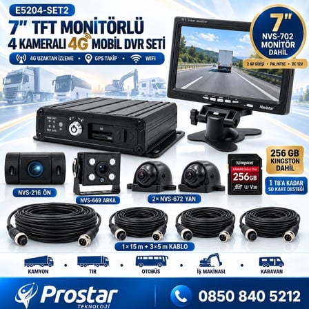 7 inç Monitörlü Profesyonel 4 Kameralı 1080P 4G GPS WIFI Mobil DVR Kamera Seti (256 GB Hafıza Kartı Dahil)