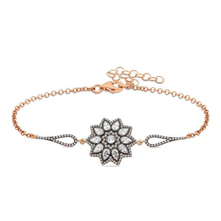 ​Lucky Life 925 Ayar Gumuss  Rose Çiçek Desenli Elmas Montür Bileklik