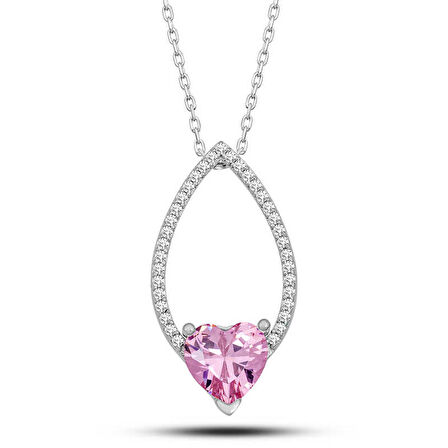 Lucky Life 925 Ayar Gumuss  Pembe Taşlı Kalp Kadın Kolye