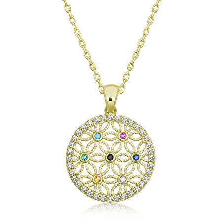 Lucky Life 925 Ayar Gumuss  Gold Renkli Taşlı Yaşam Çiçeği Kadın Kolye