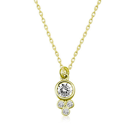 Lucky Life 925 Ayar Gumuss  Gold Çiğ Damlası Yuvarlak Tektaş Bayan Kolye