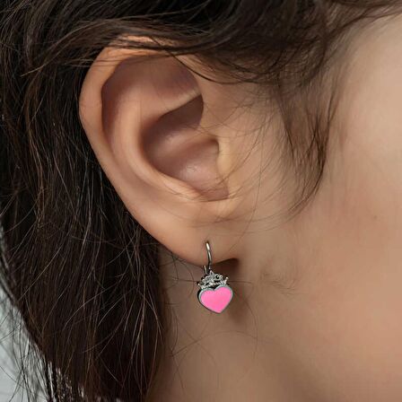 Lucky Life 925 Ayar Gumuss  Pembe Kalp Sallantılı Çocuk Küpe