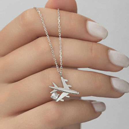 Lucky Life 925 Ayar Gumuss  Rodyum Tek Taşlı Uçak Kadın Kolye