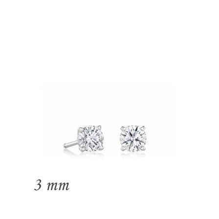 Lucky Life 925 Ayar Gumuss  Yuvarlak Tek Taş Zirkon Küpe - 3 mm