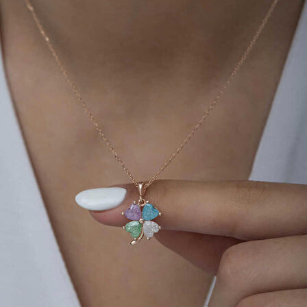 Lucky Life 925 Ayar Gumuss  Rose Renkli Taşlı Kalp Yonca Kadın Kolye