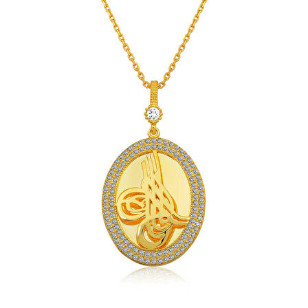 Lucky Life 925 Ayar Gumuss  Gold Tuğralı Oval Bayan Kolye