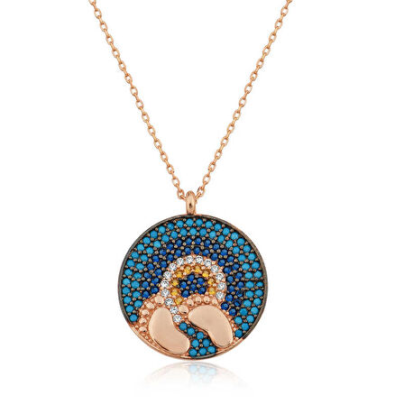 Lucky Life 925 Ayar Gumuss  Rose Nazarlı Bebek Ayak İzi Kadın Kolye