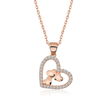 Lucky Life 925 Ayar Gumuss  Rose Kalbin İçinde Üç Kalp Kolye