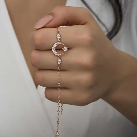 Lucky Life 925 Ayar Gumuss  Rose Ay Yıldız Kadın Bileklik