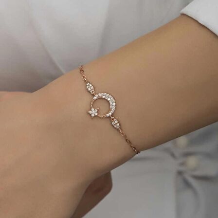 Lucky Life 925 Ayar Gumuss  Rose Ay Yıldız Kadın Bileklik