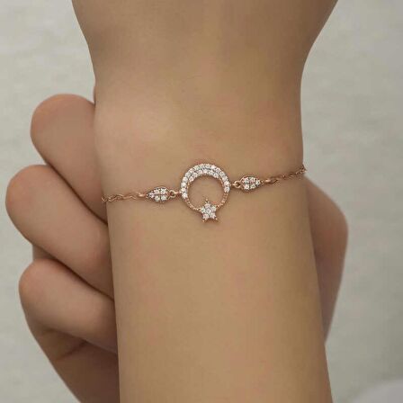 Lucky Life 925 Ayar Gumuss  Rose Ay Yıldız Kadın Bileklik