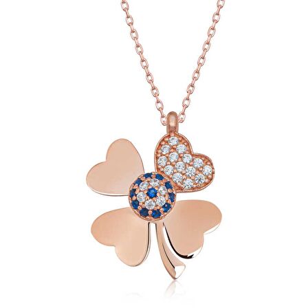 Lucky Life 925 Ayar Gumuss  Rose Nazarlı Dört Yapraklı Yonca Kadın Kolye