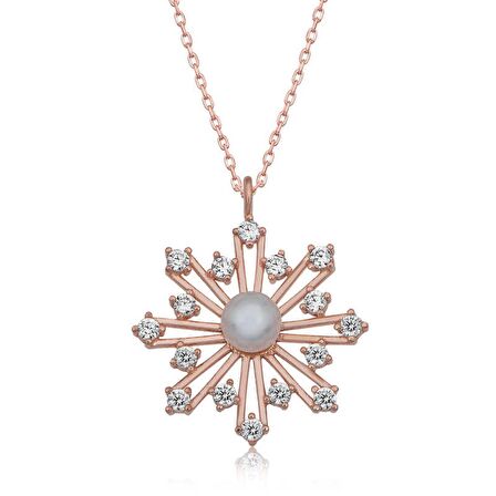 Lucky Life 925 Ayar Gumuss  Rose İncili Kar Tanesi Kadın Kolye