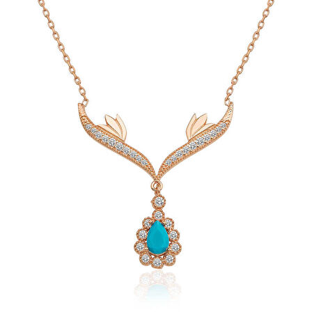 Lucky Life 925 Ayar Gumuss  Rose Turkuaz Taşlı Madalyon Kadın Kolye