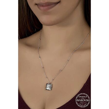 Swarovski Crystal Taşlı Top Zincir Siyah Elmas Lucky Life 925 Ayar Gumuss  Kadın Kolye