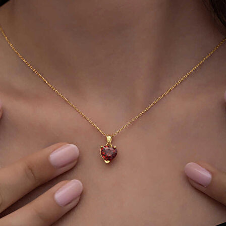 Lucky Life 925 Ayar Gumuss Gold Kırmızı Taşlı Kalpli Kadın Kolye