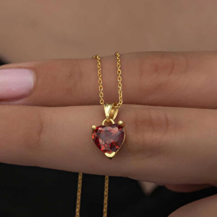 Lucky Life 925 Ayar Gumuss Gold Kırmızı Taşlı Kalpli Kadın Kolye