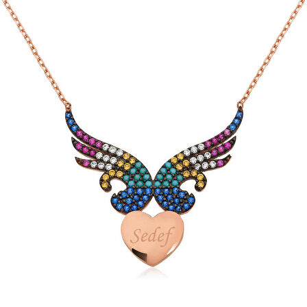 Lucky Life 925 Ayar Gumuss  Kişiye Özel İsimli Kanatlı Kalp Kadın Kolye