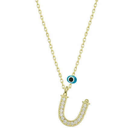 Lucky Life 925 Ayar Gumuss  Nazar Gold Ü Harfi Kadın Kolye
