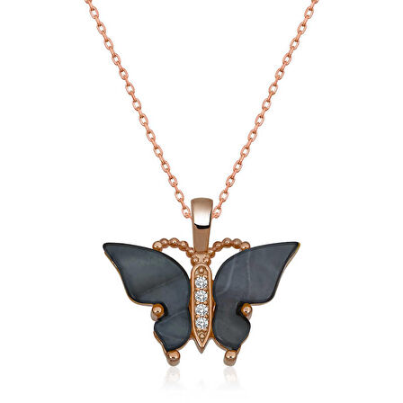 Lucky Life 925 Ayar Gumuss  Rose Antrasit Kaplangözü Taşlı Kelebek Kolye