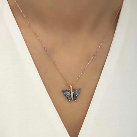 Lucky Life 925 Ayar Gumuss  Rose Antrasit Kaplangözü Taşlı Kelebek Kolye