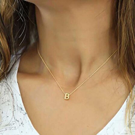 Lucky Life 925 Ayar Gumuss  Gold 3 Boyutlu B Harf Bayan Kolye