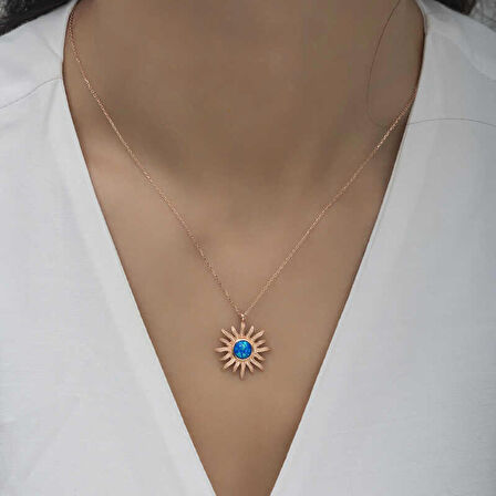 ​Lucky Life 925 Ayar Gumuss  Rose Mavi Opal Taşlı Güneş Kadın Kolye