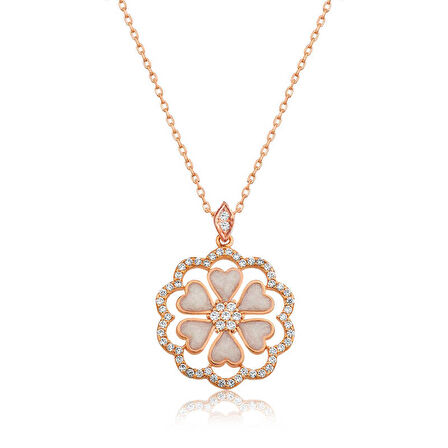 Lucky Life 925 Ayar Gumuss  Rose Kalp Çiçek Bayan Kolye