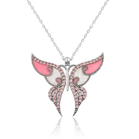 Lucky Life 925 Ayar Gumuss  Pembe Kelebek Kolye
