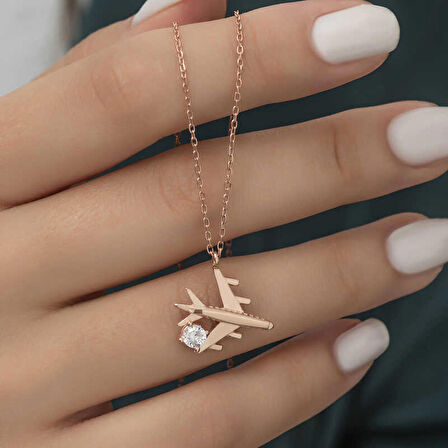 Lucky Life 925 Ayar Gumuss  Rose Tek Taşlı Uçak Kadın Kolye