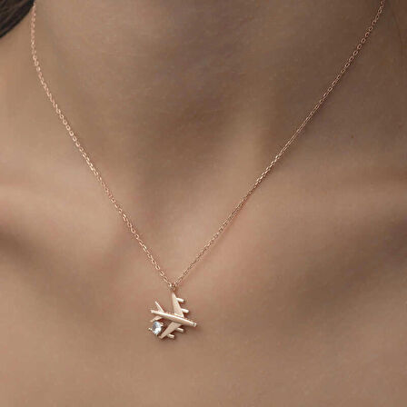 Lucky Life 925 Ayar Gumuss  Rose Tek Taşlı Uçak Kadın Kolye